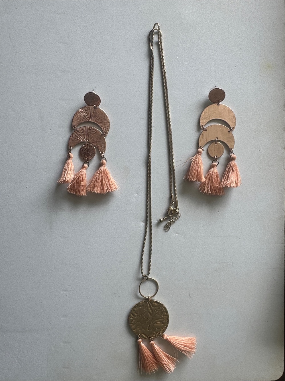 Tassel Disc Necklace & Matching Tassel Earrings Set - Peach and Gold